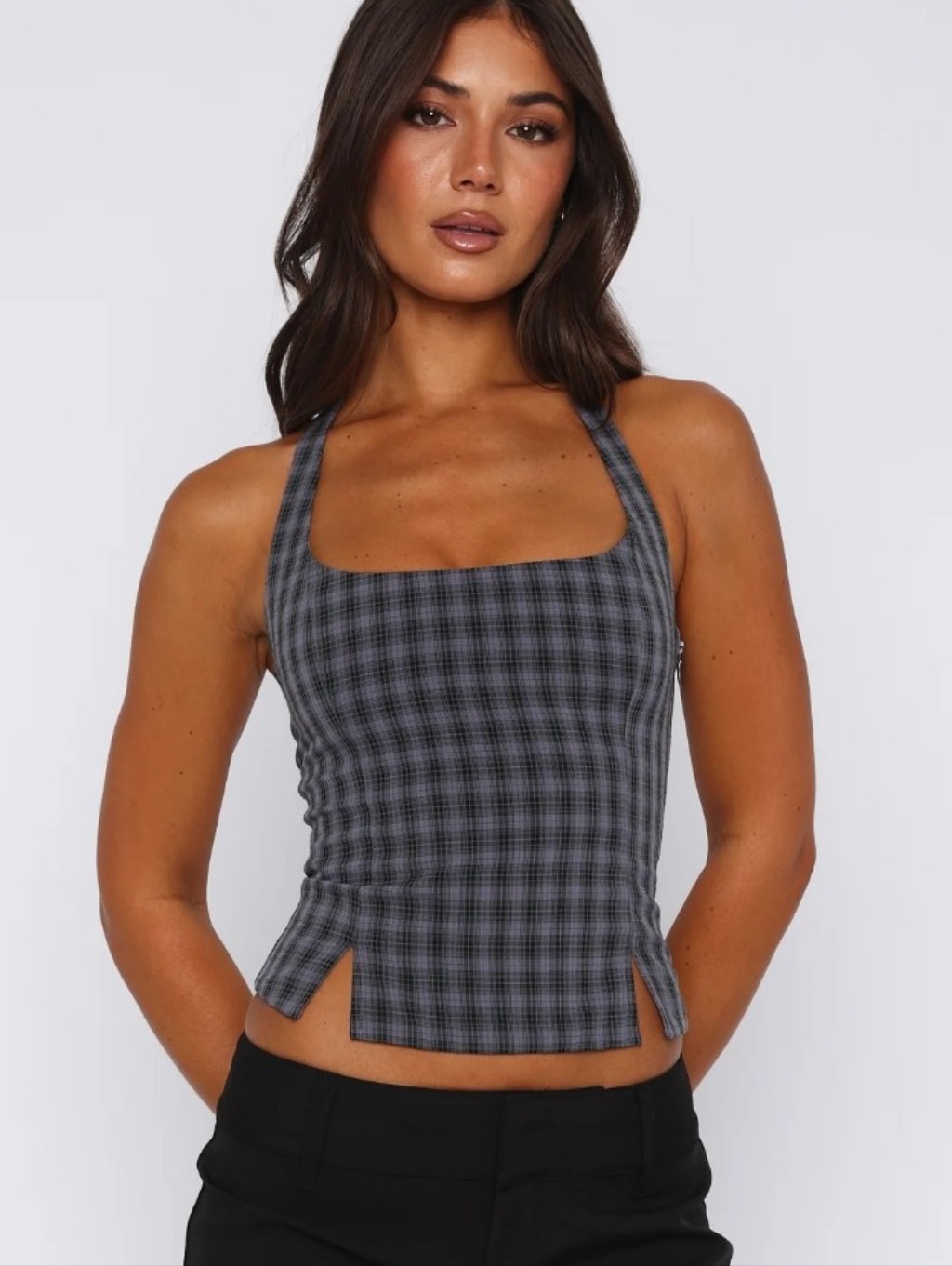 White Fox Boutique Don't Wanna Wait Halter Top - Midnight Tartan, Size Xs